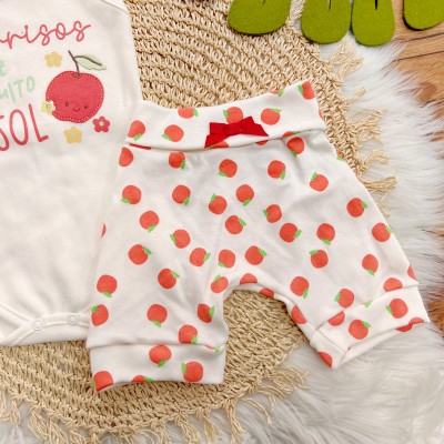 CONJ. DE MALHA 3 PEÇAS - Sorrisos e Muito Sol - Cereja e Off White